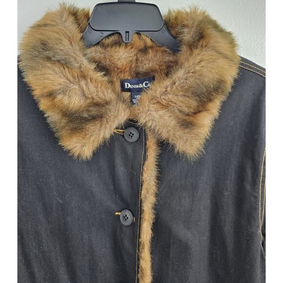 Denim & Co. 90’S Dark Denim & Faux Fur Trim Coat size Medium - Picture 11 of 13